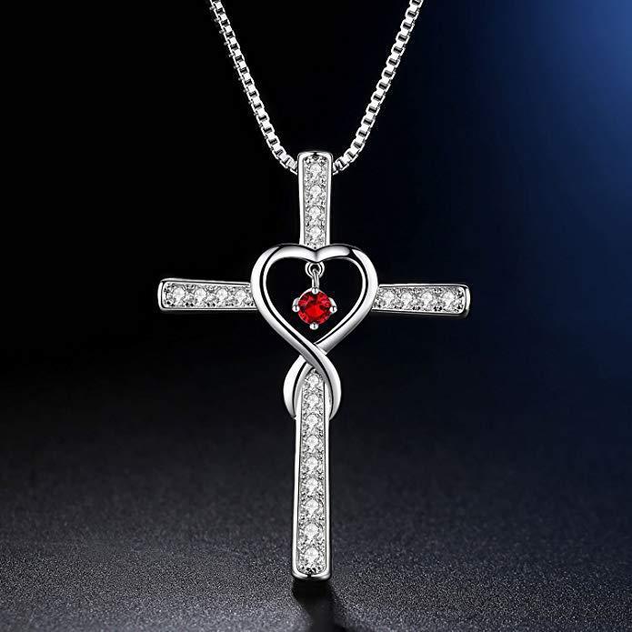 Infinity Love God We Trust Christian Cross Birthstone Crystal Pendant Necklace Jewelry