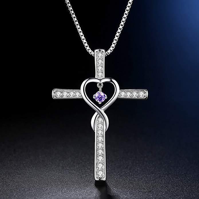 Infinity Love God We Trust Christian Cross Birthstone Crystal Pendant Necklace Jewelry