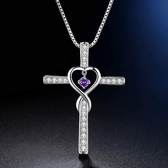 Infinity Love God We Trust Christian Cross Birthstone Crystal Pendant Necklace Jewelry