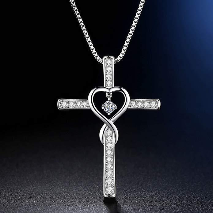 Infinity Love God We Trust Christian Cross Birthstone Crystal Pendant Necklace Jewelry