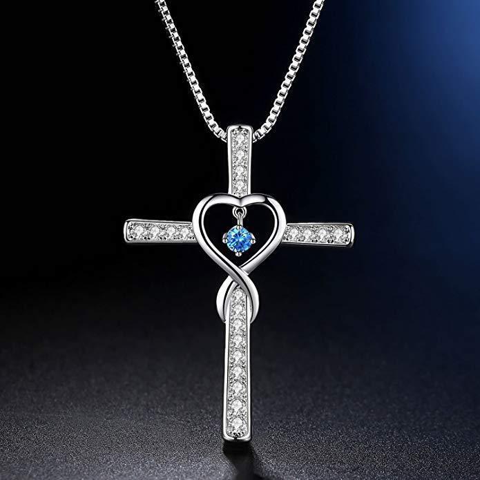 Infinity Love God We Trust Christian Cross Birthstone Crystal Pendant Necklace Jewelry