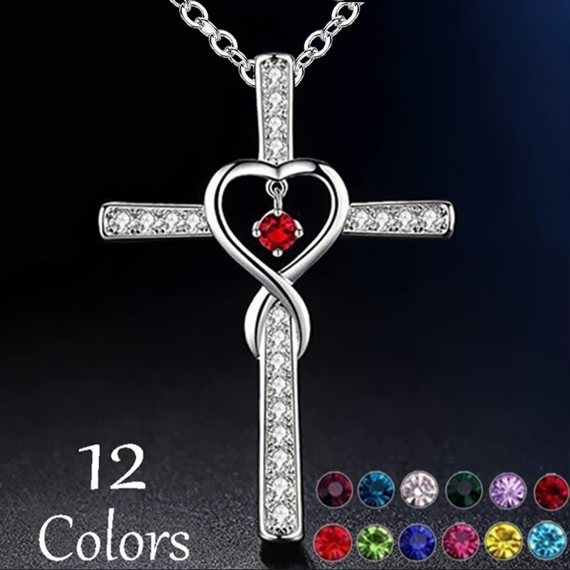 Infinity Love God We Trust Christian Cross Birthstone Crystal Pendant Necklace Jewelry