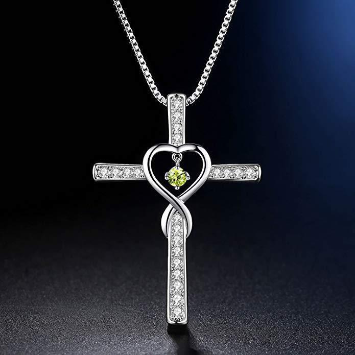 Infinity Love God We Trust Christian Cross Birthstone Crystal Pendant Necklace Jewelry