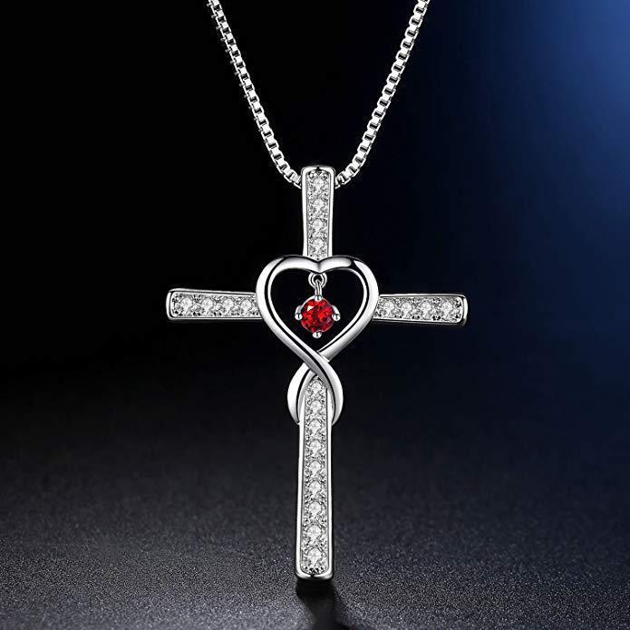 Infinity Love God We Trust Christian Cross Birthstone Crystal Pendant Necklace Jewelry