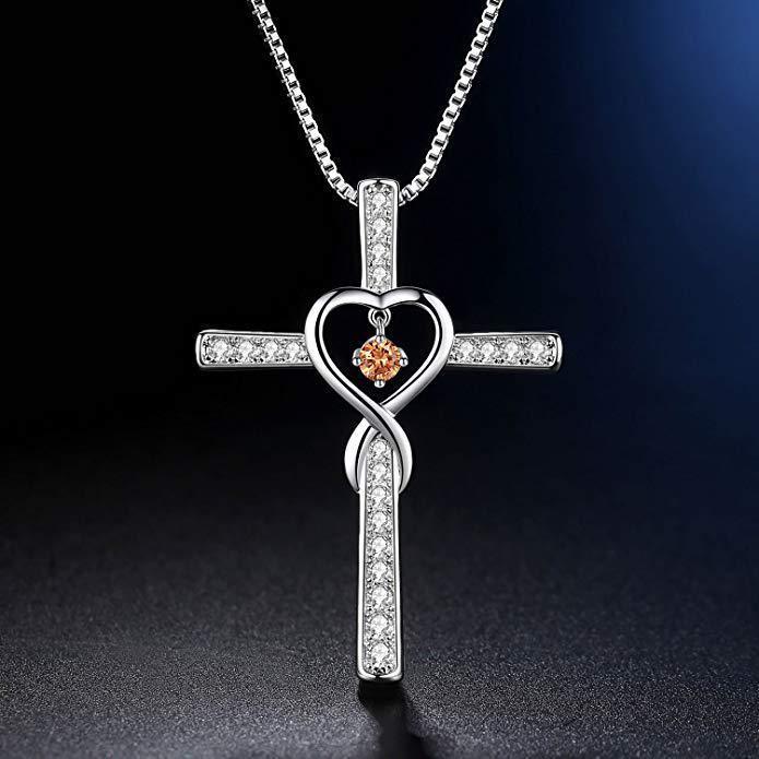 Infinity Love God We Trust Christian Cross Birthstone Crystal Pendant Necklace Jewelry