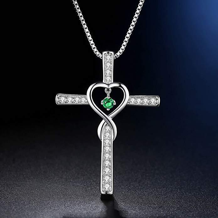 Infinity Love God We Trust Christian Cross Birthstone Crystal Pendant Necklace Jewelry