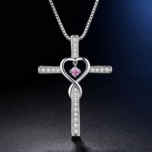 Infinity Love God We Trust Christian Cross Birthstone Crystal Pendant Necklace Jewelry
