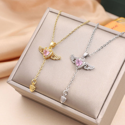 Crystal Winged Heart Charm Necklace
