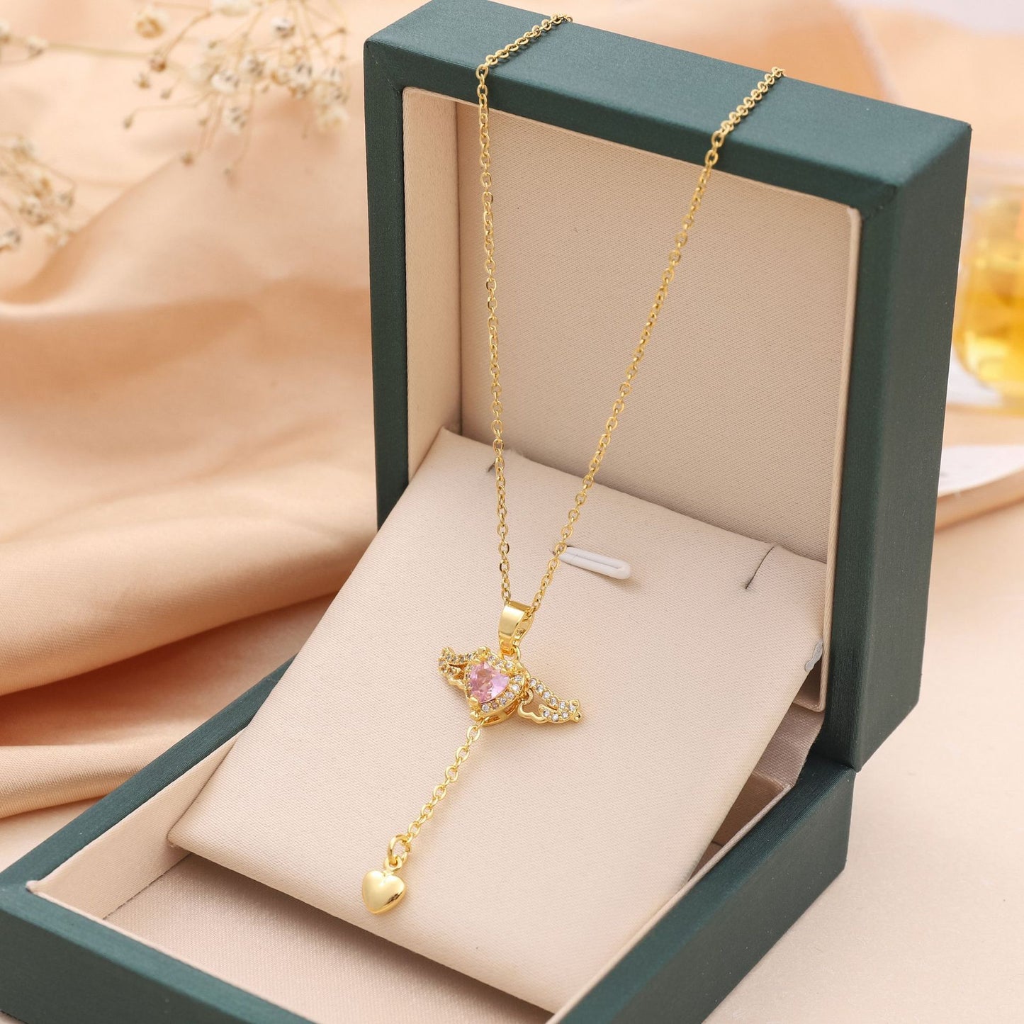 Crystal Winged Heart Charm Necklace