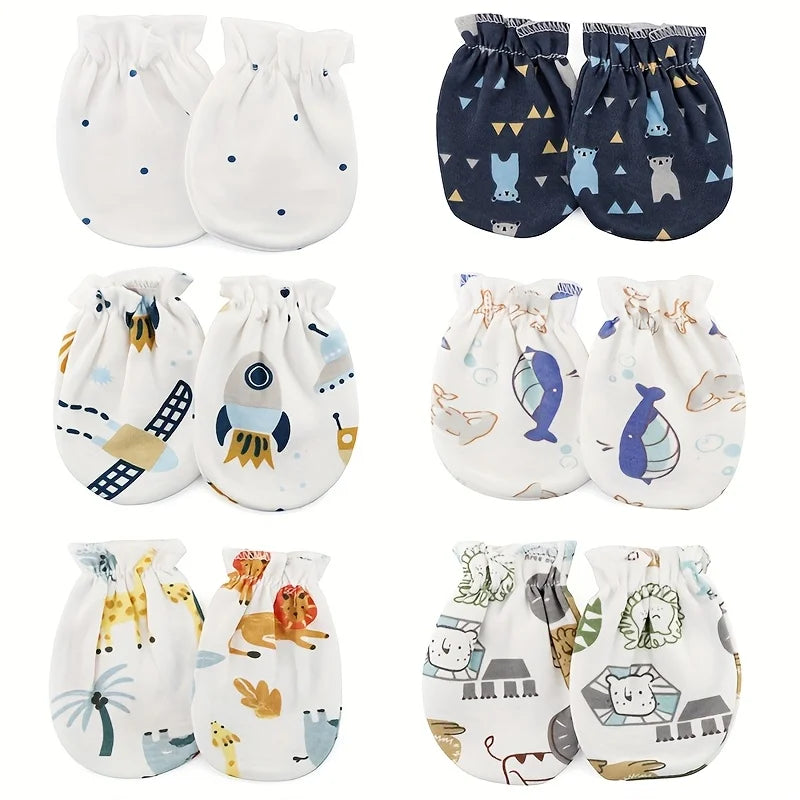 6 Pairs/lot Newborn Gloves Cartoon Prints Baby Boys Girls Mittens New Born Face Protection Mitten Babies Shower Gift 100% Cotton