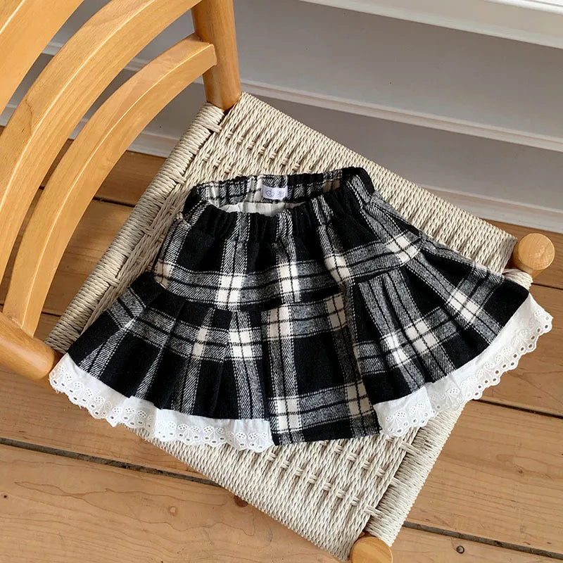 Girls Christmas Skirt High Waist A-line Patch Lace Cute Mini Skirts Children Autumn Versatile Half Skirt