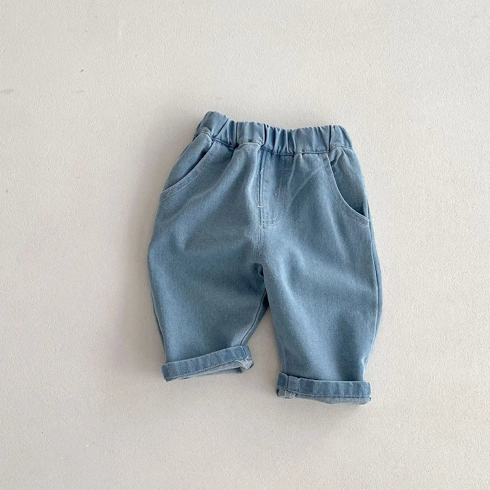 1-5Y Kid's Jeans New 2024 Autumn Solid Color Denim Pants Loose Style Boys Trousers Mid Waist Kid's Outdoor Pants