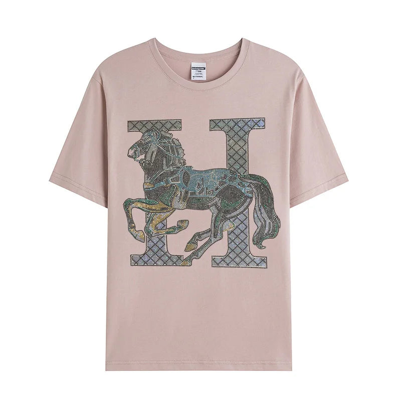 New men's short sleeve cartoon cotton casual T-shirt Comfortable high quality diamond T-shirt