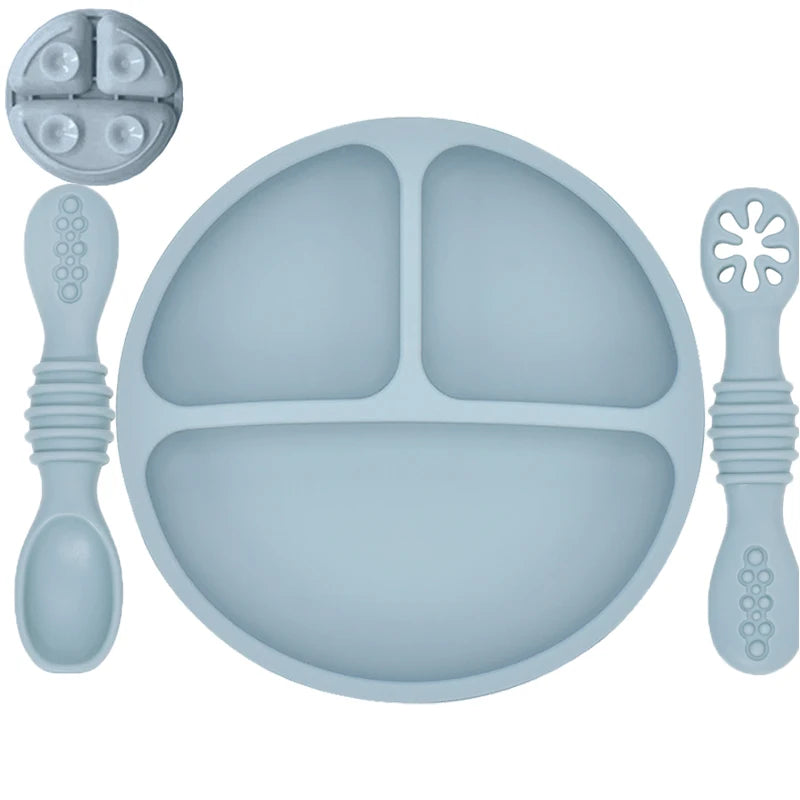 Silicone Baby Sucker Silicone Dining Plate Rice Spoon Set Cute Cartoon Children Dishes Smile Face Baby Tableware Retro Kid Bowl