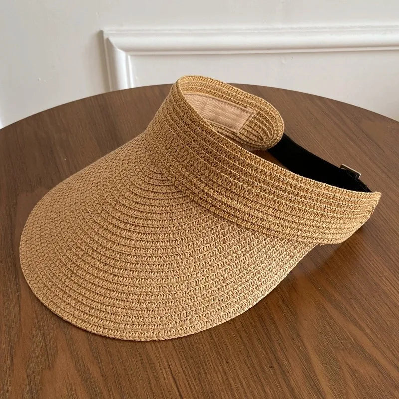 Women Summer Straw Visor Hat Breathable Wide Brim Sun Cap Golf Beach Foldable Duck Tongue Design with Neck Protection Sun Hat