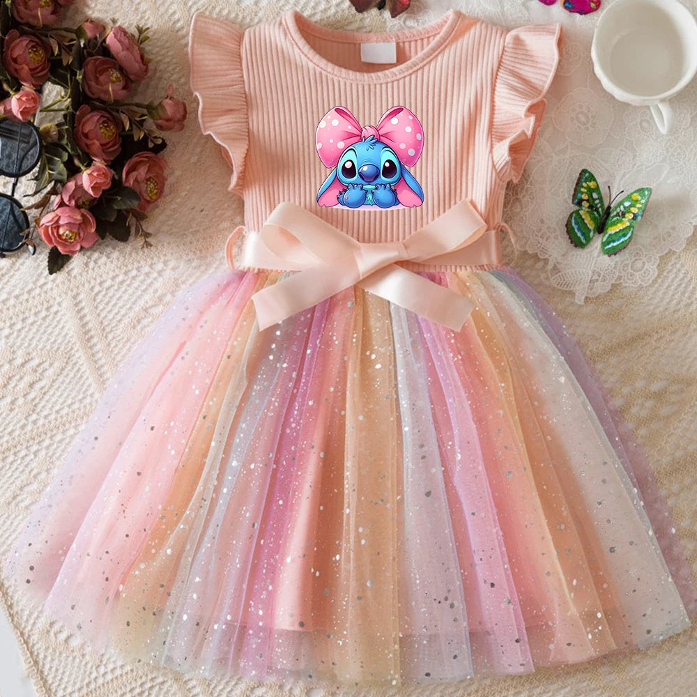 Stitch New Girls Dress for Sequins Birthday Toddler Girls Rainbow Tulle Dress Sweet Kids Princess Dress for Girls 1-5Y