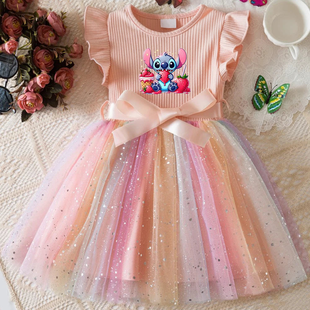 Stitch New Girls Dress for Sequins Birthday Toddler Girls Rainbow Tulle Dress Sweet Kids Princess Dress for Girls 1-5Y