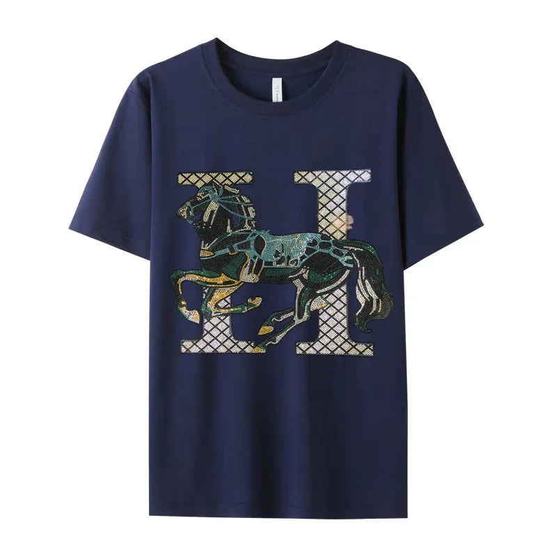 New men's short sleeve cartoon cotton casual T-shirt Comfortable high quality diamond T-shirt