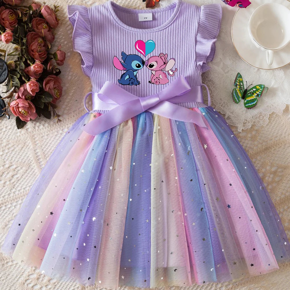 Stitch New Girls Dress for Sequins Birthday Toddler Girls Rainbow Tulle Dress Sweet Kids Princess Dress for Girls 1-5Y