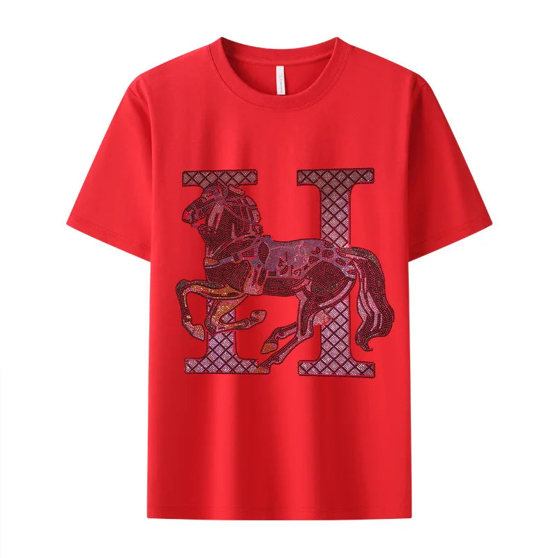 New men's short sleeve cartoon cotton casual T-shirt Comfortable high quality diamond T-shirt