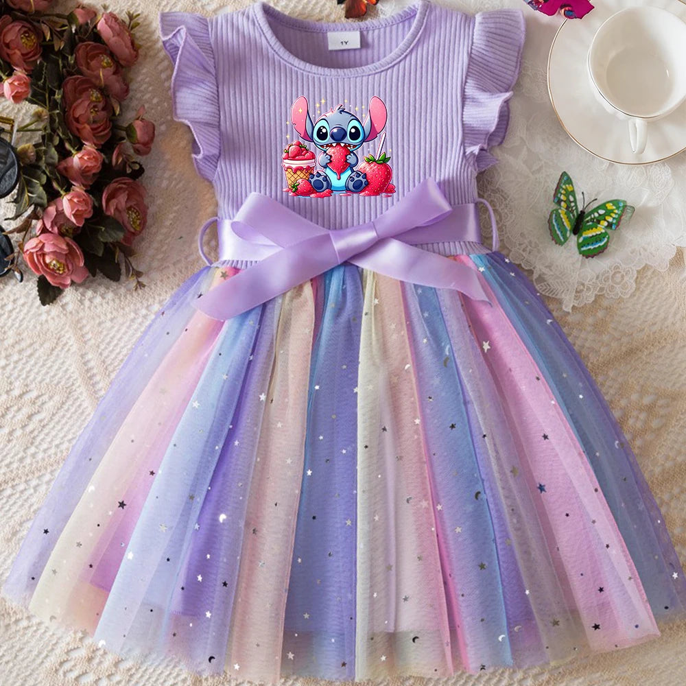 Stitch New Girls Dress for Sequins Birthday Toddler Girls Rainbow Tulle Dress Sweet Kids Princess Dress for Girls 1-5Y