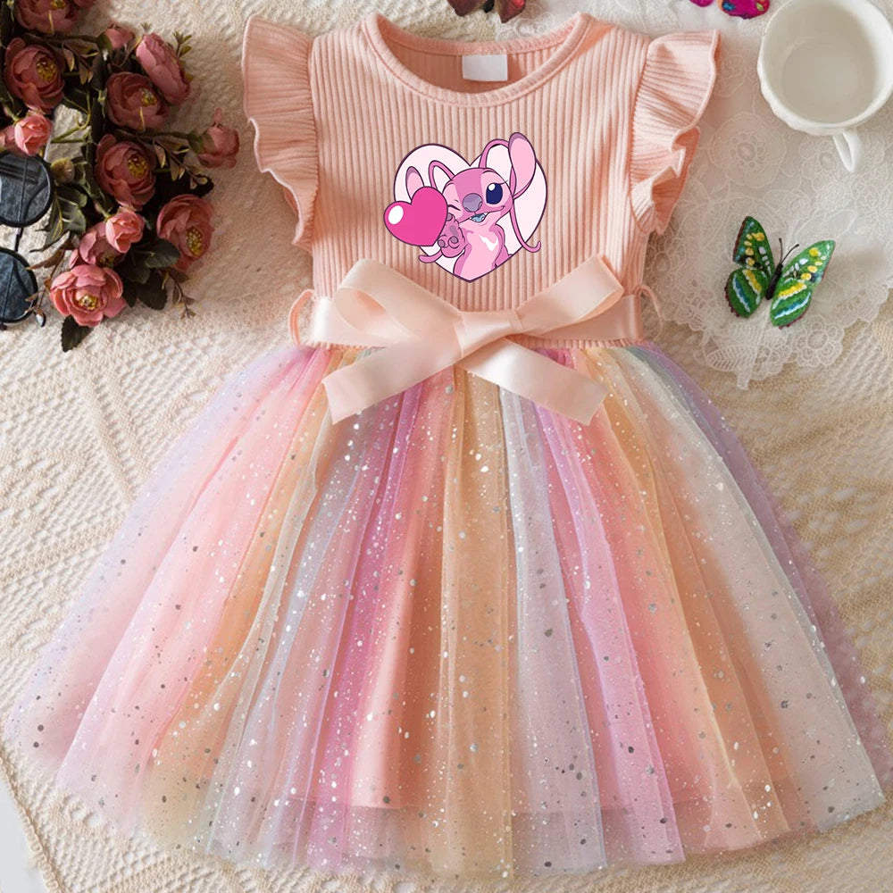 Stitch New Girls Dress for Sequins Birthday Toddler Girls Rainbow Tulle Dress Sweet Kids Princess Dress for Girls 1-5Y