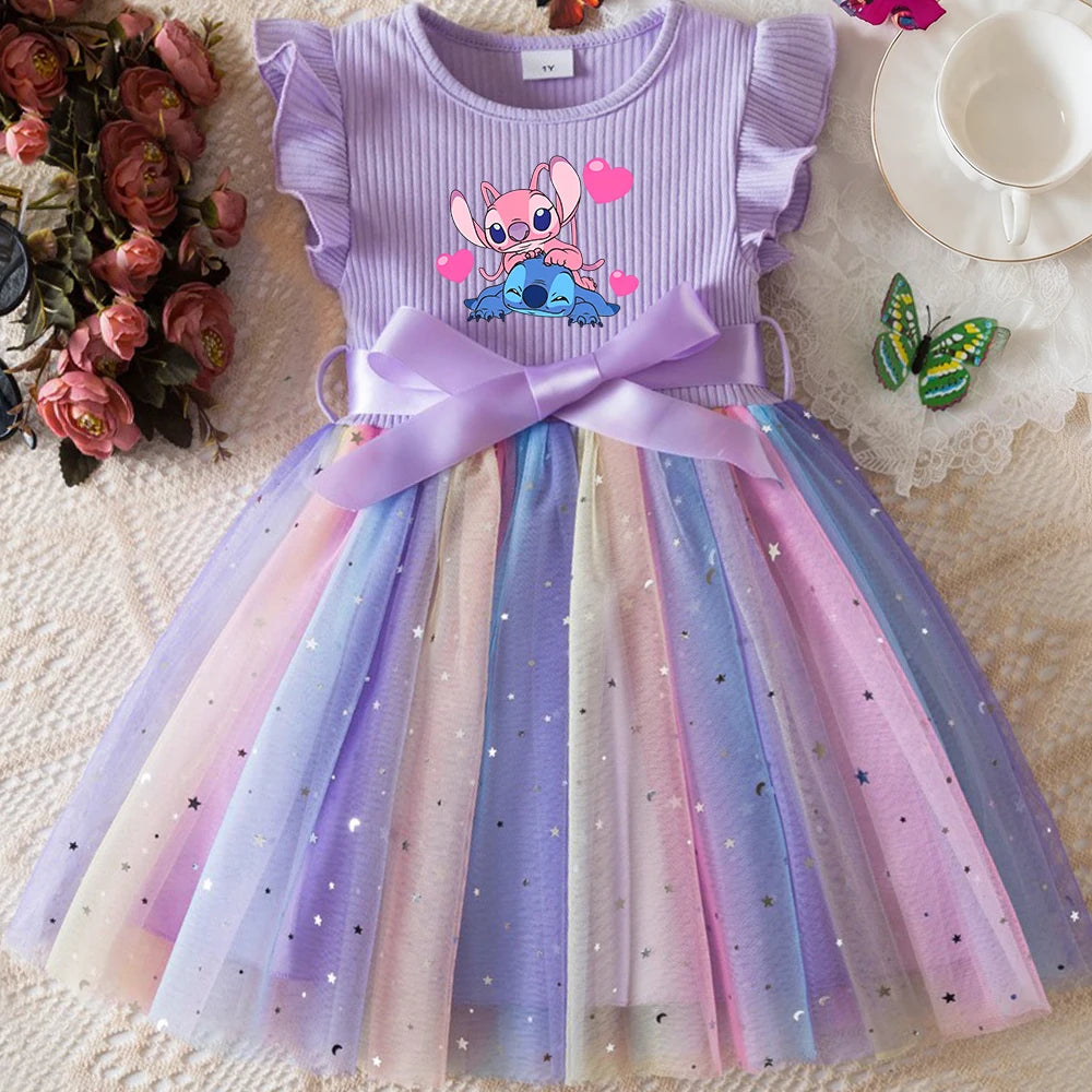Stitch New Girls Dress for Sequins Birthday Toddler Girls Rainbow Tulle Dress Sweet Kids Princess Dress for Girls 1-5Y