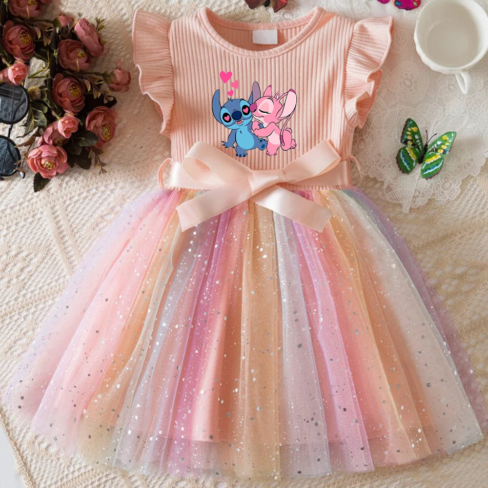 Stitch New Girls Dress for Sequins Birthday Toddler Girls Rainbow Tulle Dress Sweet Kids Princess Dress for Girls 1-5Y