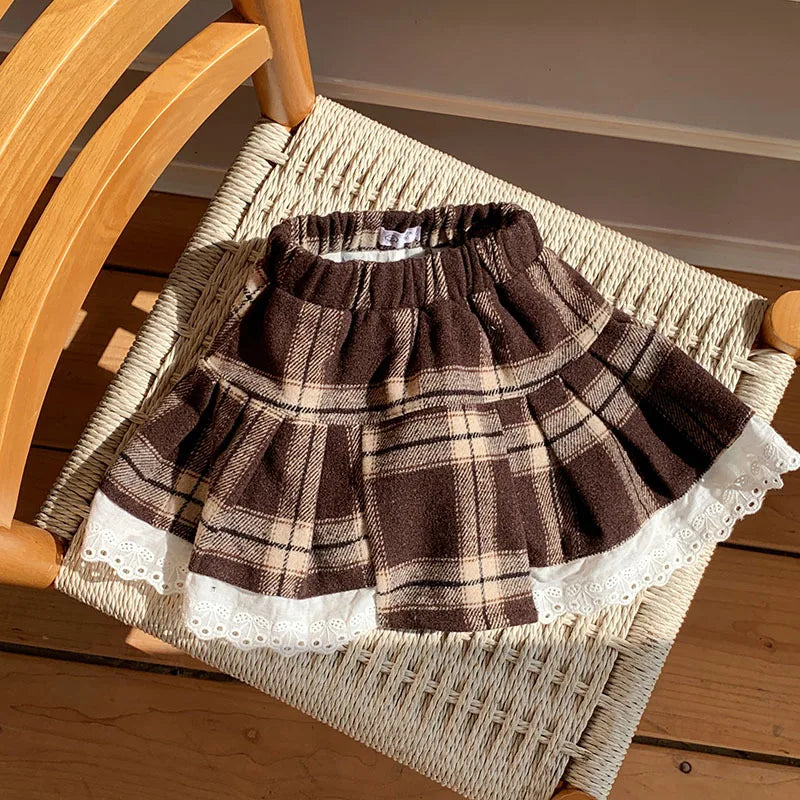 Girls Christmas Skirt High Waist A-line Patch Lace Cute Mini Skirts Children Autumn Versatile Half Skirt