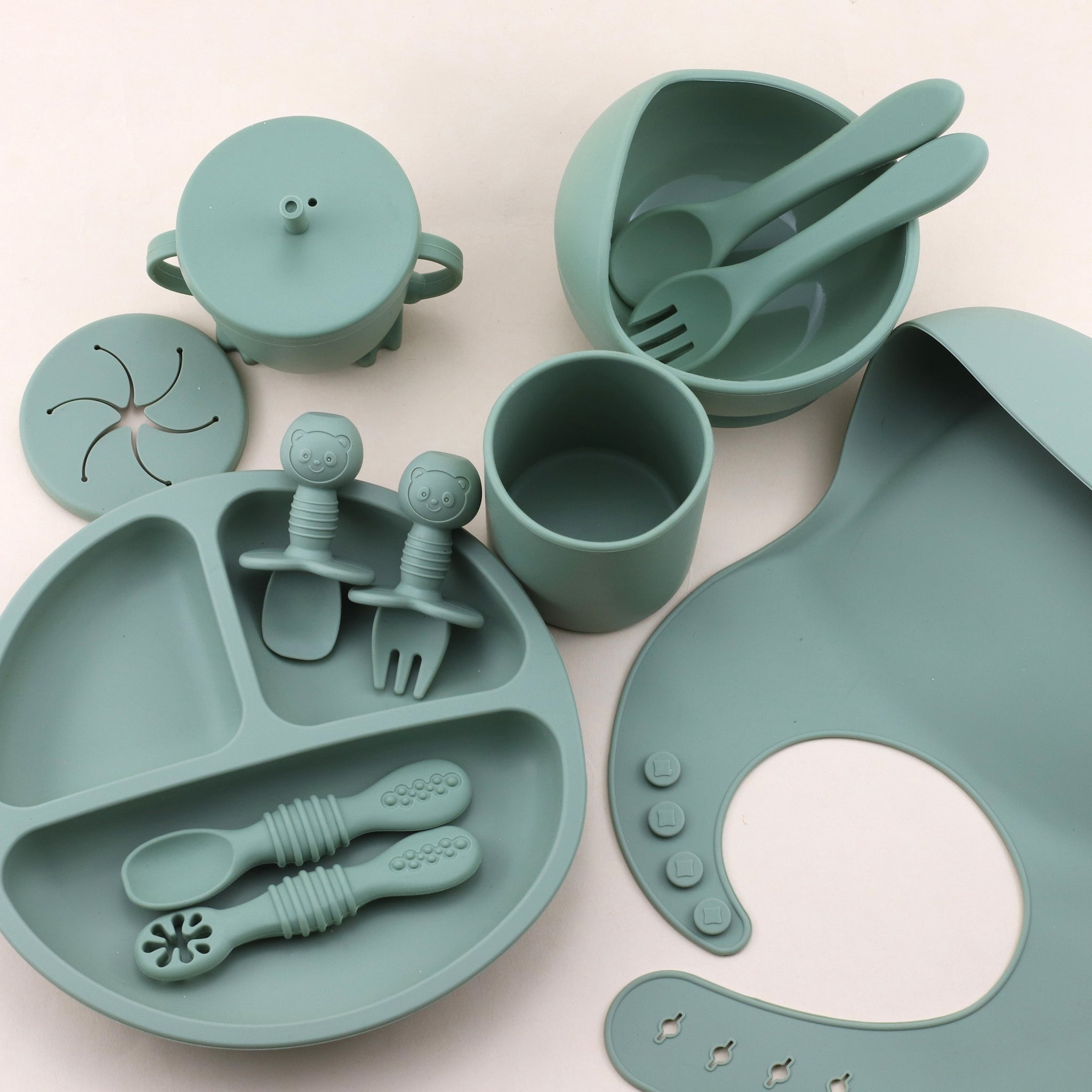 12pcs Silicone Youngsters Feeding Set  Includes Suction Bowl Divided Plate Spoon  Fork Sippy Cup with Adjustable Bib  Perfect for Youngsters Learning to SelfFeed  Available in Cream Red Green Blue