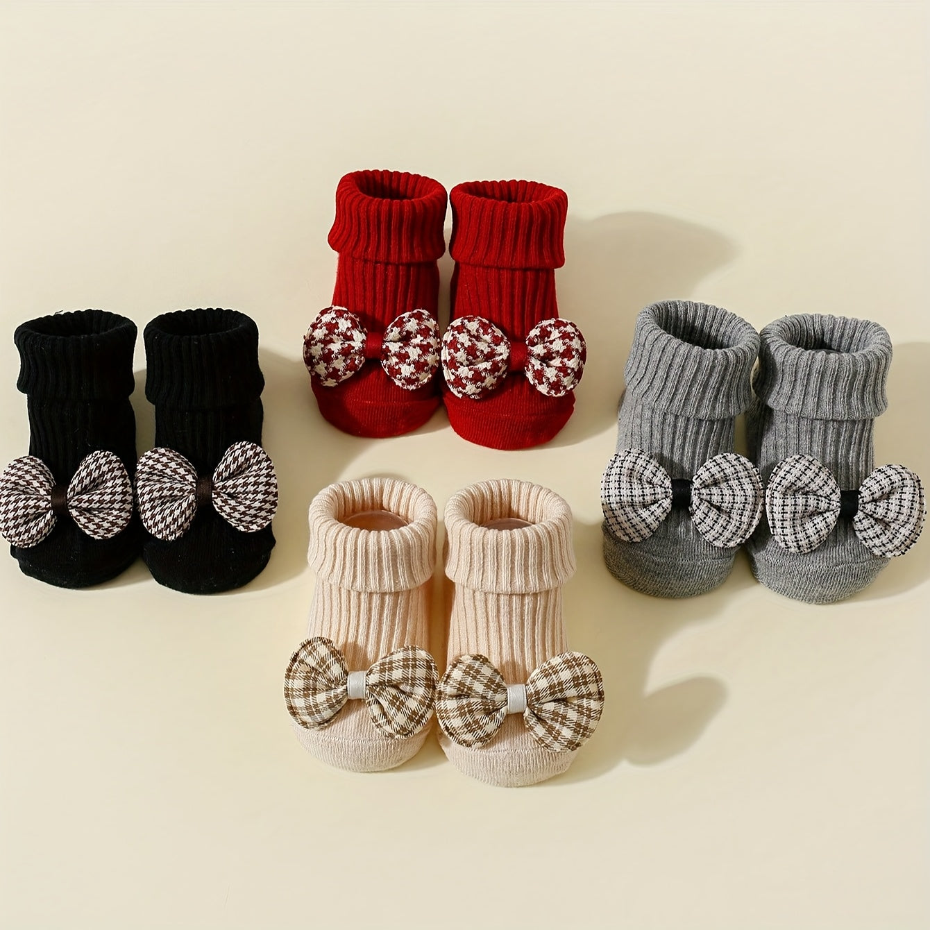 4 Pairs of Girls Plaid Bow MidCalf Socks NonSlip Dot Glue MidCalf Socks